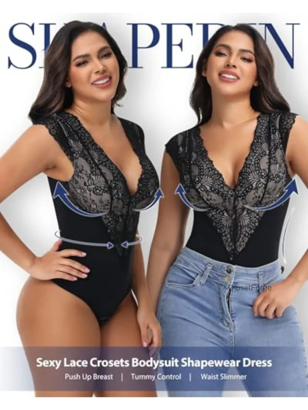 Lace Bodysuit Tummy Control Shapewear Deep V Neck Corset Top Going Out
